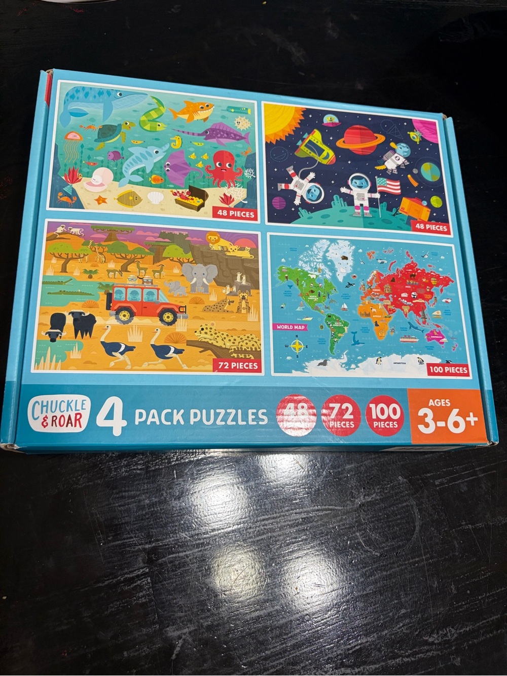Chuckle & Roar 4-Pack Kid Puzzles Ocean Space World Map Safari 48 72 & 100 piece